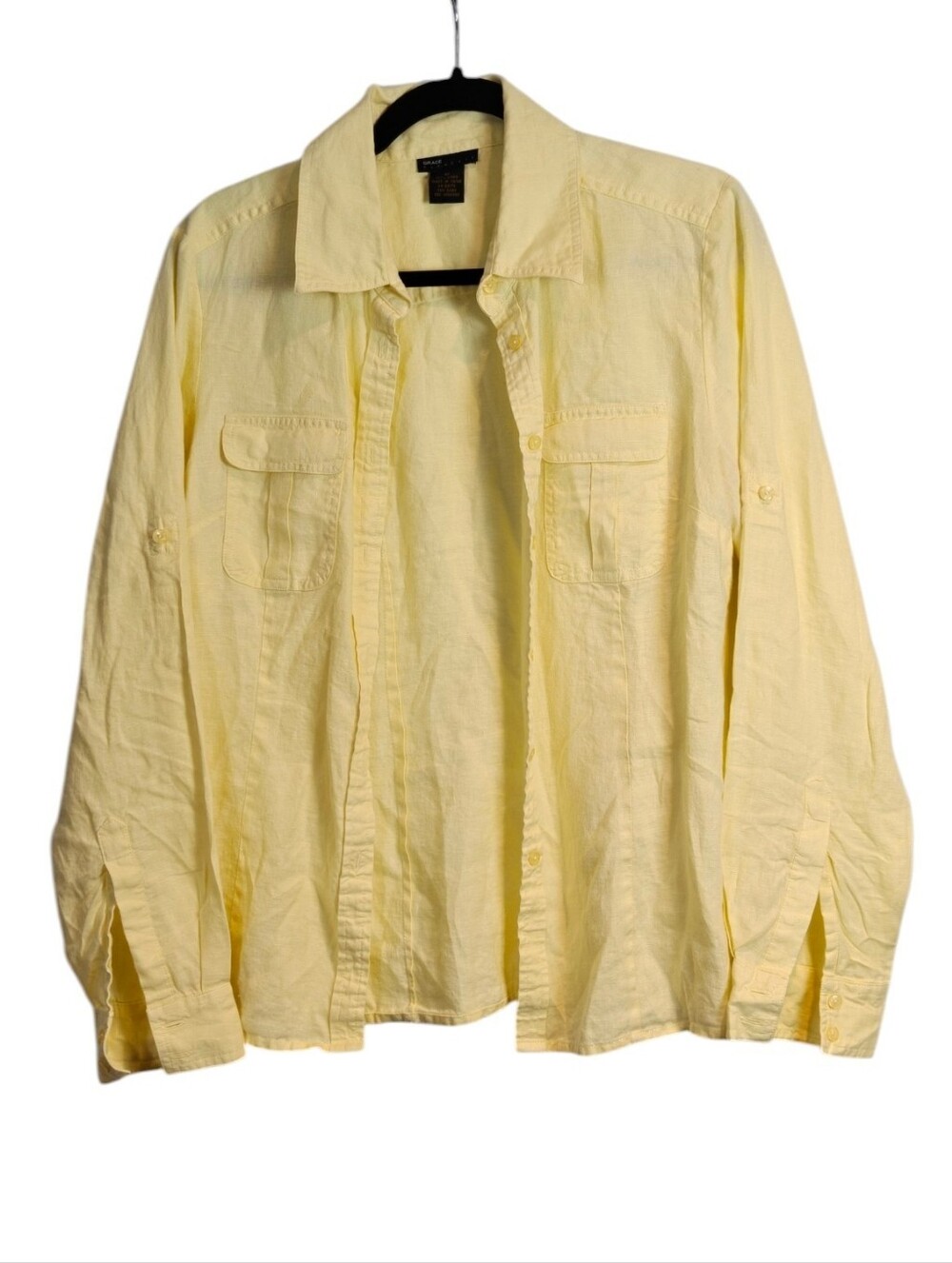 GRACE ELEMENTS Pastel Yellow 100% Linen Utility Button Up Shirt Size 12